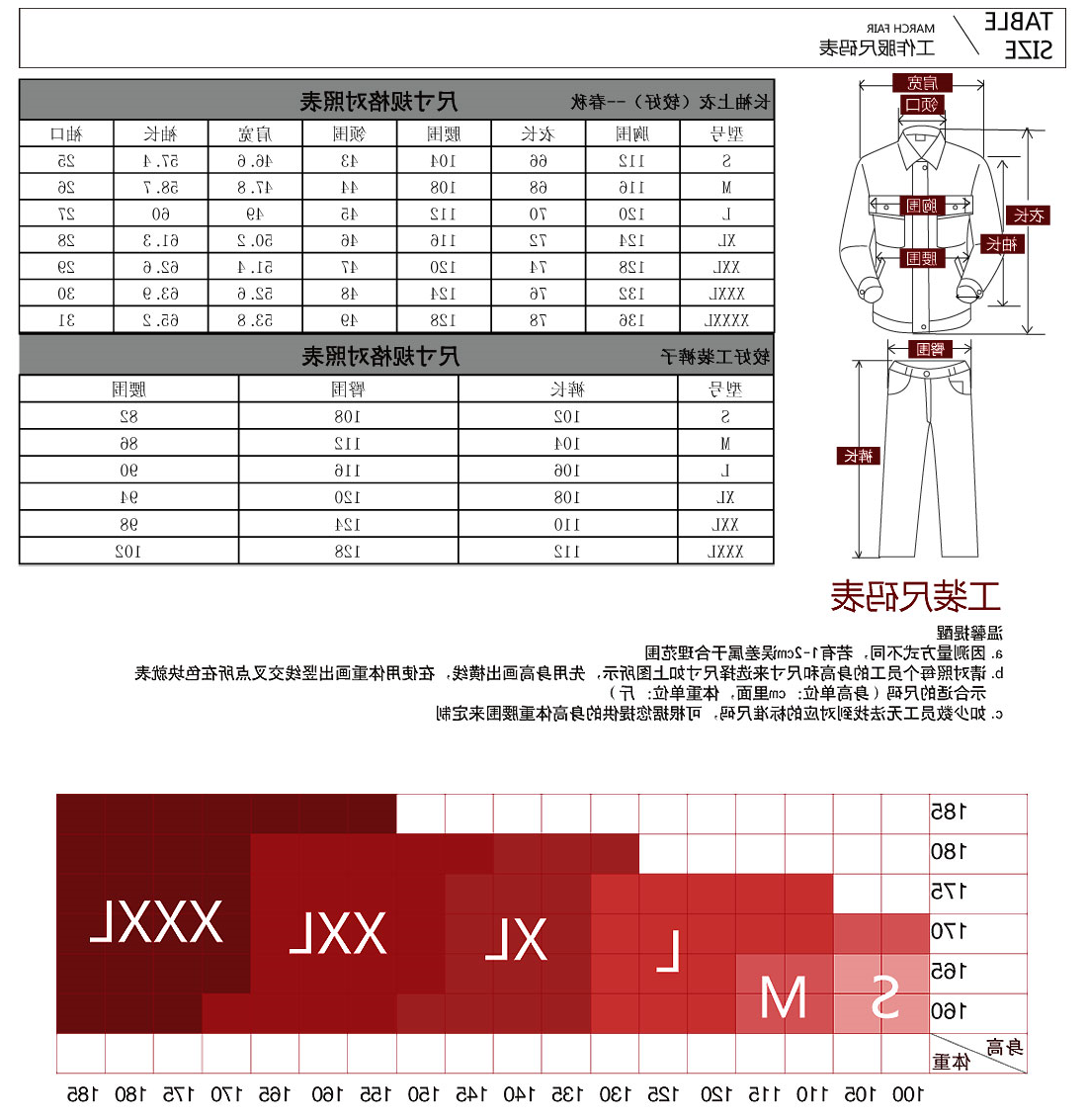 工作服尺码参照表